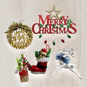 Holiday Christmas Ornaments 5 Pieces Glitter Decor -